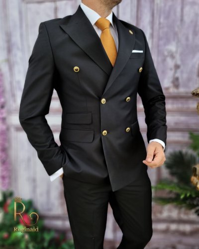 Costum elegant de bărbați, negru cu butoni aurii, sacou si pantalon - c3375