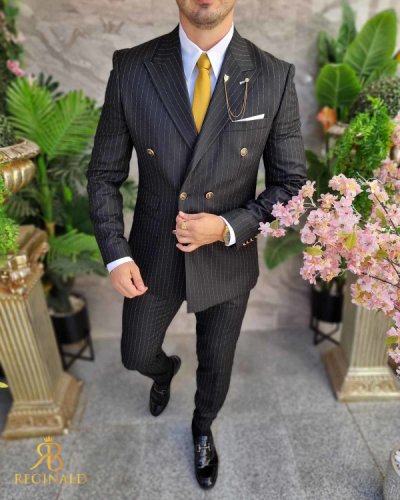 Costum elegant de bărbați, negru cu butoni aurii, sacou si pantalon - c4308