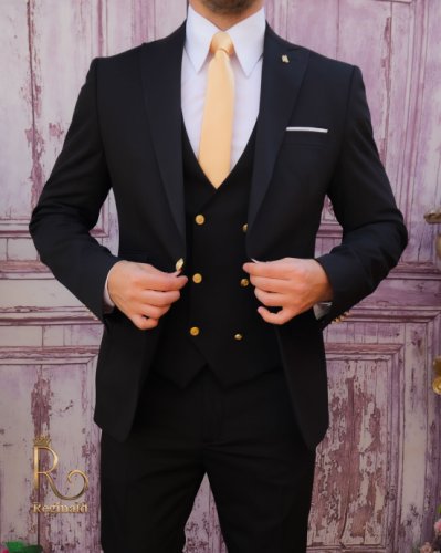 Costum elegant de barbati, negru cu butoni aurii, sacou, vesta si pantalon - c4004
