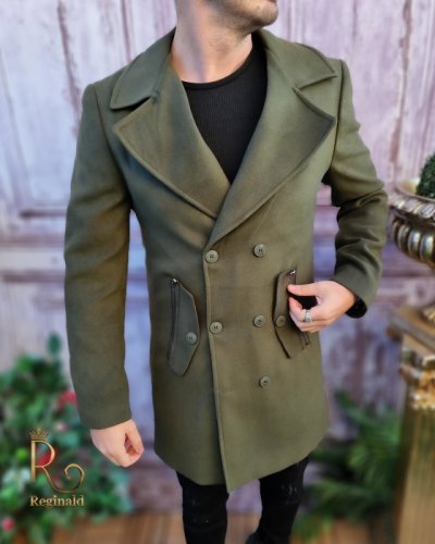 Palton de barbati verde,lung, croiala slim-fit - pt413