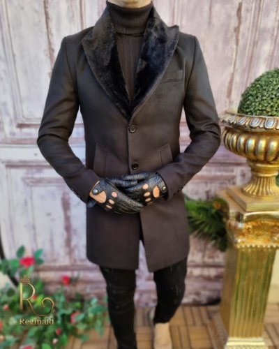 Palton negru de barbati, lung, blana la guler - pt383