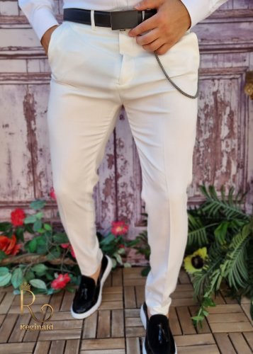 Pantaloni albi de bărbați, casual slim fit, conici cu lanț – pn702