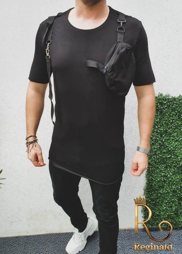 Tricou barbati slim fit lung, negru cu buzunare street style cod: tr57