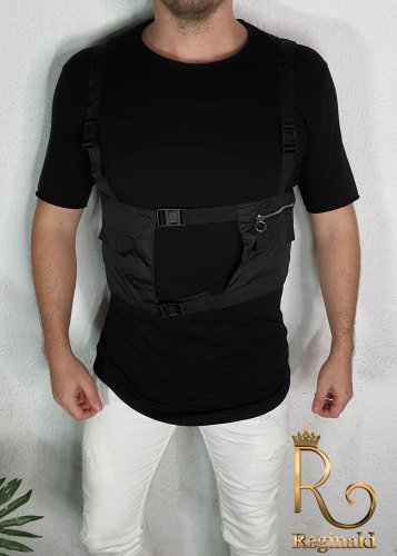 Tricou barbati slim fit lung, negru cu buzunare street style cod: tr77