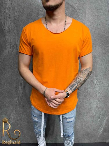 Tricou de barbati slim fit orange cu guler rotung , larg - tr1000
