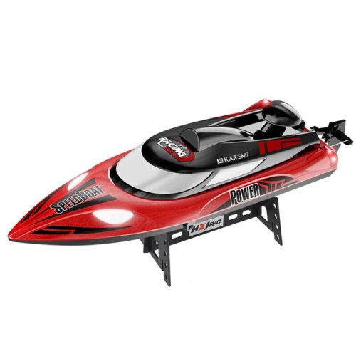 Barca de competitie karemi cu telecomanda, de mare viteza,cu suport inclus, alb/rosu/negru