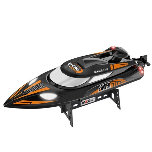 Barca de competitie karemi cu telecomanda, de mare viteza, cu suport inclus, negru/portocaliu