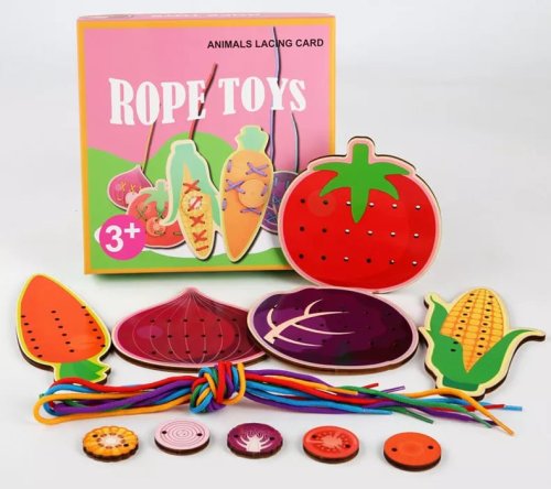 Puzzle educativ cu snururi karemi, model legume, multicolor