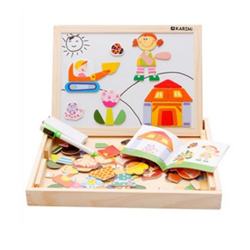 Puzzle karemi din lemn, tabla cu 2 fete, magnetica si table pentru creta, cu personaje