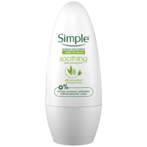 Deodorant antiperspirant roll-on simple soothing pentru pielea sensibila, 0% alcool, fara parfum, protectie 48h, 50 ml