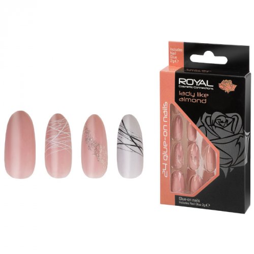 Set 24 unghii false royal glue-on nail tips, lady like almond, adeziv inclus