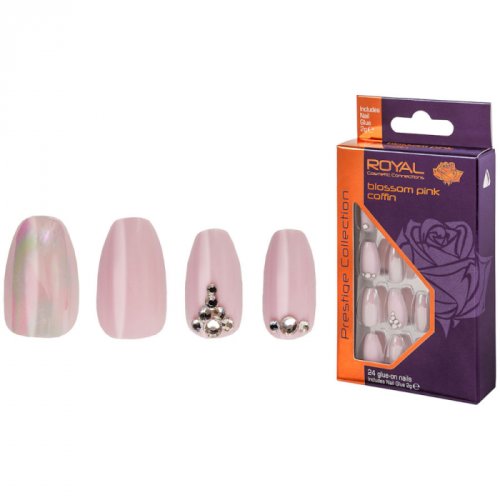 Set 24 unghii false royal prestige collection, glue-on nail tips, blossom pink co n, adeziv inclus
