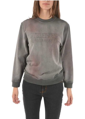 Alberta Ferretti Athleisure Crew Neck Embroidered Stretch Cotton Sweatshirt Gray
