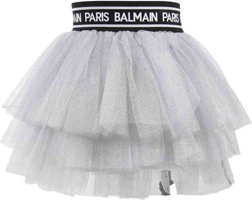 Balmain silver lurex tulle skirt with logo band silver