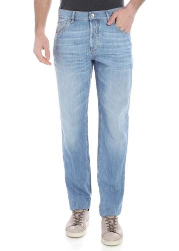 Brunello Cucinelli light blue 5 pocket jeans with logo light blue