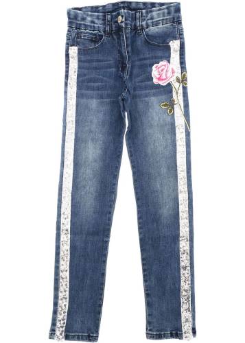 Monnalisa blue jeans with sequins and floral embroidery blue