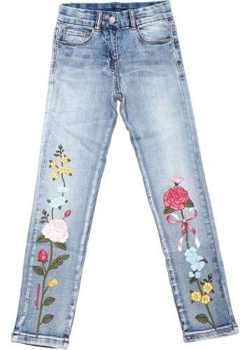 Monnalisa jeans with flowers embroidery in light blue denim light blue