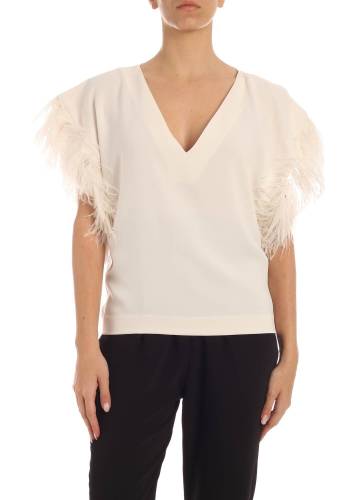 P.a.r.o.s.h. oversized ivory blouse with ostrich feathers white