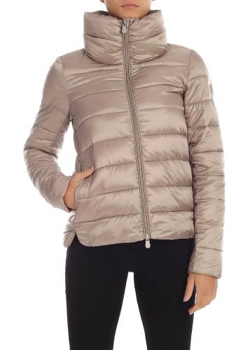 Save The Duck logo down jacket in dove grey color beige
