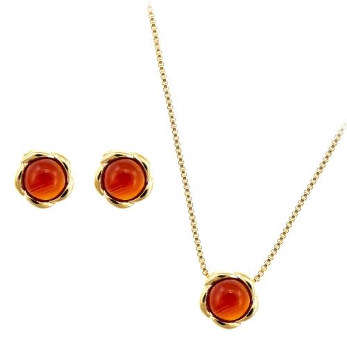Roxannes - Rebeca >m Set bijuterii placate cu aur - bloom - colier si cercei cu pietre semipretioase agat rosu