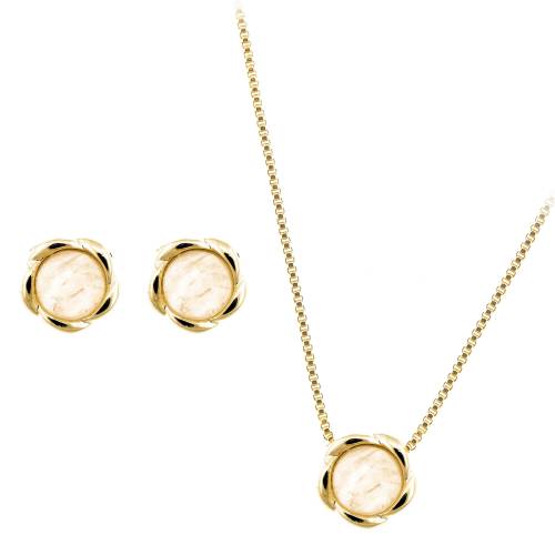 Roxannes - Rebeca >m Set bijuterii placate cu aur - bloom - colier si cercei cu pietre semipretioase quartz roz