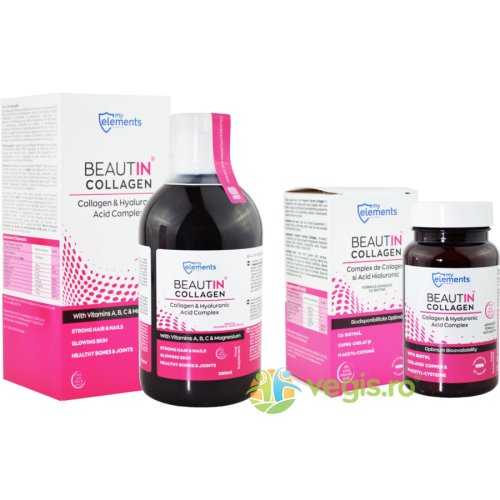 Beautin colagen lichid cu capsuni si vanilie & magneziu 500ml + beautin colagen cu acid hialuronic si biotina 30cps gratis