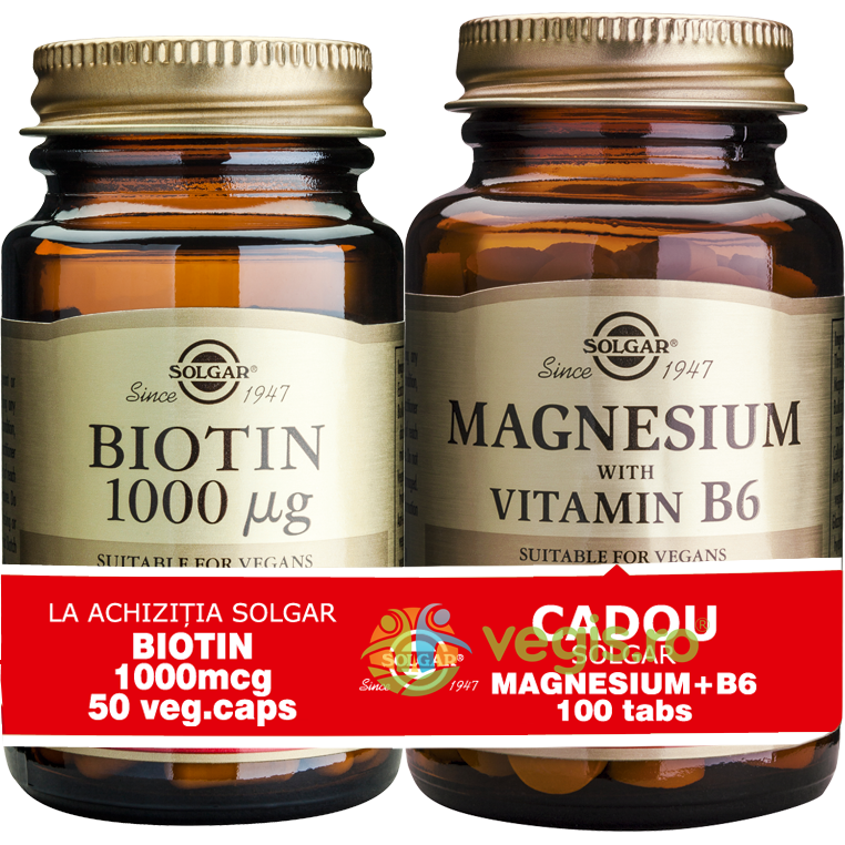 Biotin 1000mcg 50cps vegetale + magnesium (magneziu) cu b6 100 tablete pachet 1+1 cadou