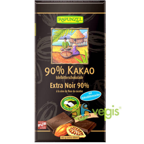 Ciocolata amaruie 90% cacao si zahar de cocos vegana ecologica/bio 80g