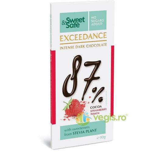 Ciocolata intens amaruie 87% cu capsuni si indulcitor stevie sweet&safe 90g