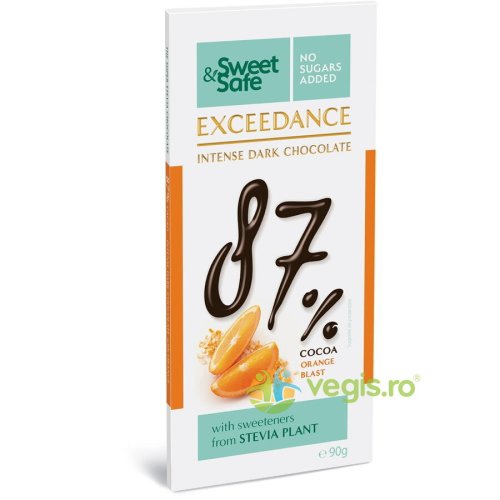 Ciocolata intens amaruie 87% cu portocala si indulcitor stevie sweet&safe 90g