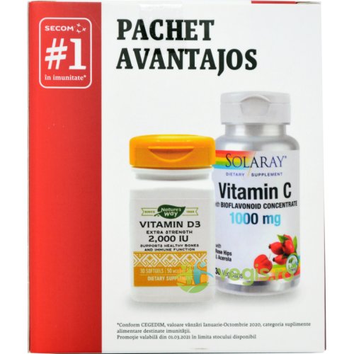 Kit de imunitate pentru adulti: vitamina c 1000mg 30cps solaray + vitamina d3 2000u.i 30cps nature's way