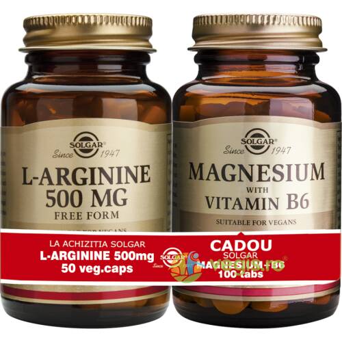 L-arginine 500mg 50cps + magnesium cu b6 100 tablete pachet 1+1 cadou
