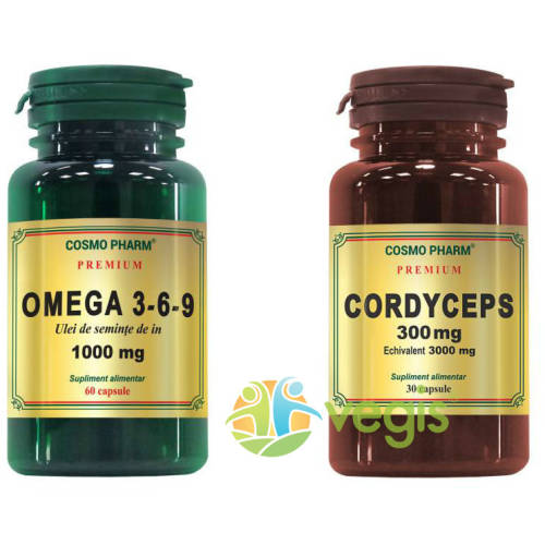 Omega 3-6-9 ulei din seminte de in 1000mg premium 60cps + cordyceps premium 30cps pachet 1+1