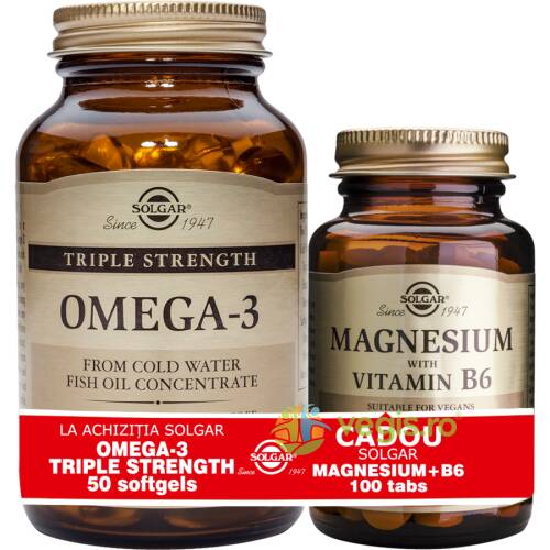 Omega-3 triple strength 50cps + magnesium (magneziu) cu b6 100 tablete pachet 1+1 cadou