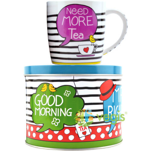Set ceai: cana de portelan + cutie metalica cu capac need more tea 300ml