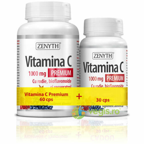 Vitamina c cu rodie, bioflavoniode si resveratrol 1000mg pachet 60cps+30cps gratis