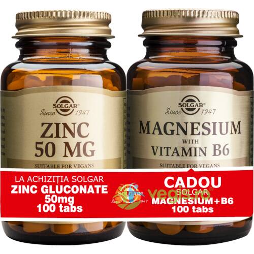 Zinc gluconate 50mg 100 tablete + magnesium (magneziu) cu b6 100 tablete pachet 1+1 cadou
