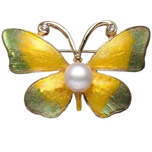 Brosa pandantiv fluture galben cu perla naturala alba de 8 mm - cadouri si perle