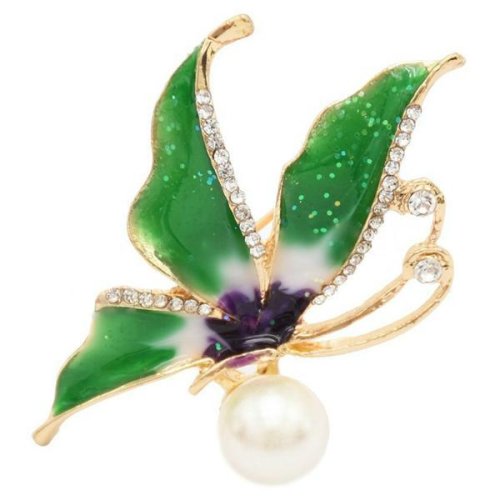 Brosa pandantiv fluture verde cu perla naturala alba - cadouri si perle