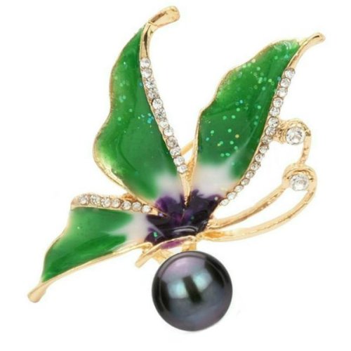 Brosa pandantiv fluture verde cu perla naturala neagra - cadouri si perle