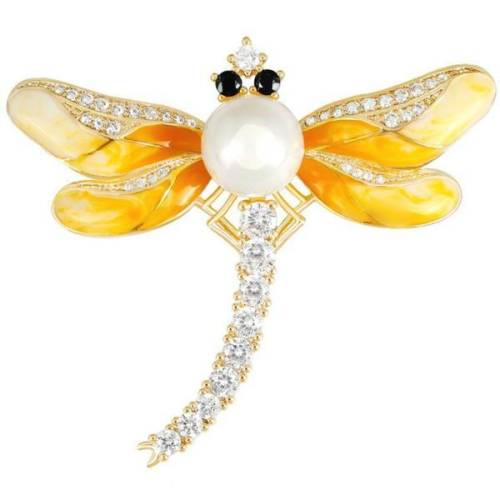 Brosa pandantiv libelula galbena cu perla naturala alba si zirconii - cadouri si perle