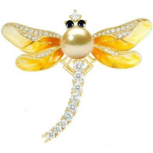 Brosa pandantiv libelula galbena cu perla naturala crem si zirconii - cadouri si perle