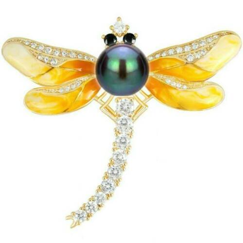 Brosa pandantiv libelula galbena cu perla naturala neagra si zirconii - cadouri si perle