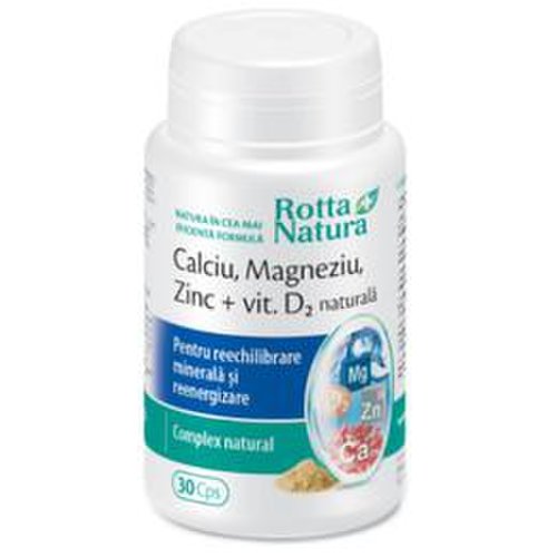 Calciu, magneziu, zinc + vitamina d2 naturala rotta natura, 30 capsule