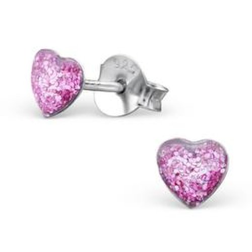 Cercei colorati cu surub din argint in forma de inimioara, purple glitter, adorabel