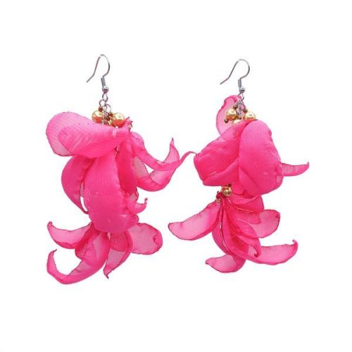 Cercei lungi roz aprins cu frunze din voal, zia fashion, flamingo style