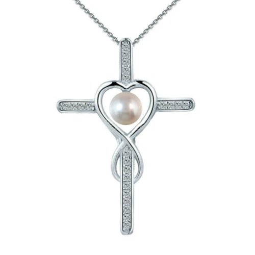 Colier argint cu pandantiv argint crucifix pavat cu zirconii si perla naturala alba de 6-7 mm