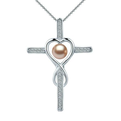 Colier argint cu pandantiv argint crucifix pavat cu zirconii si perla naturala lavanda de 6-7 mm