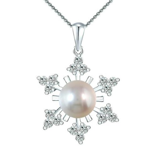 Colier argint cu pandantiv argint fulg de nea, pavat cu zirconii si perla naturala alba de 7-8 mm
