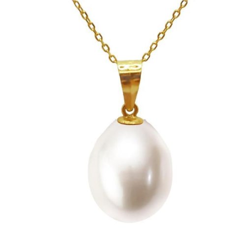 Colier cu pandantiv, aur galben de 14k si perla naturala premium alba, rara, forma lacrima, de 11/9 mm